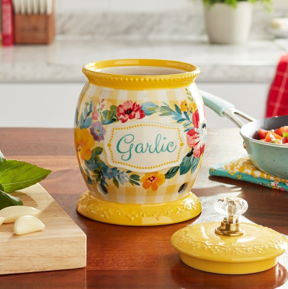 ❤️ New Pioneer Woman Sweet Romance Yellow Gingham Garlic Keeper